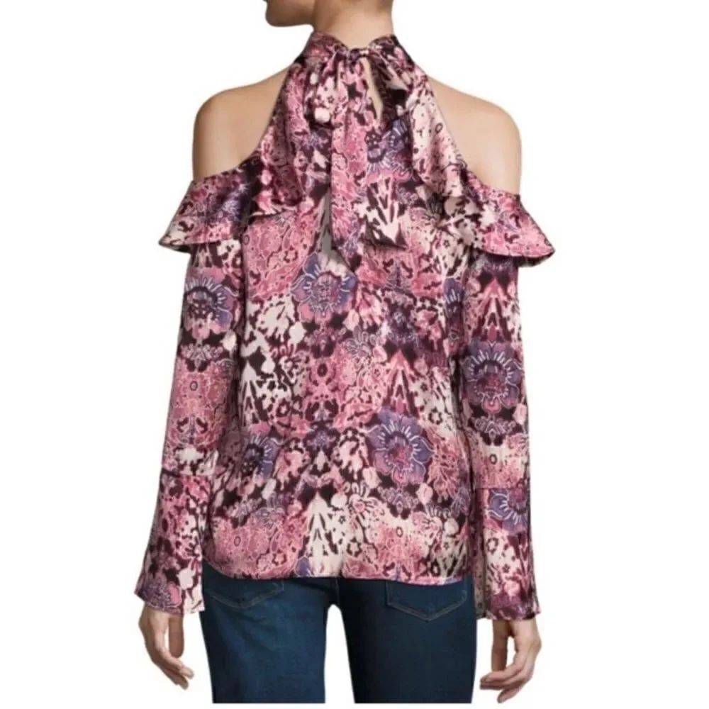 Pink Floral Cold Shoulder RuffleTop - Picture 2 of 16